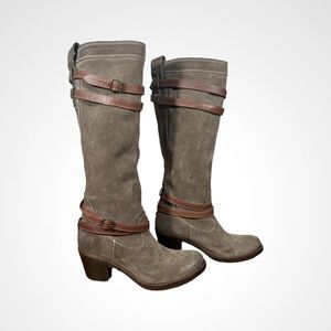 Frye Jane Strappy Suede Heeled Boots Fatigue Gray Brown 6 Style # 3476395